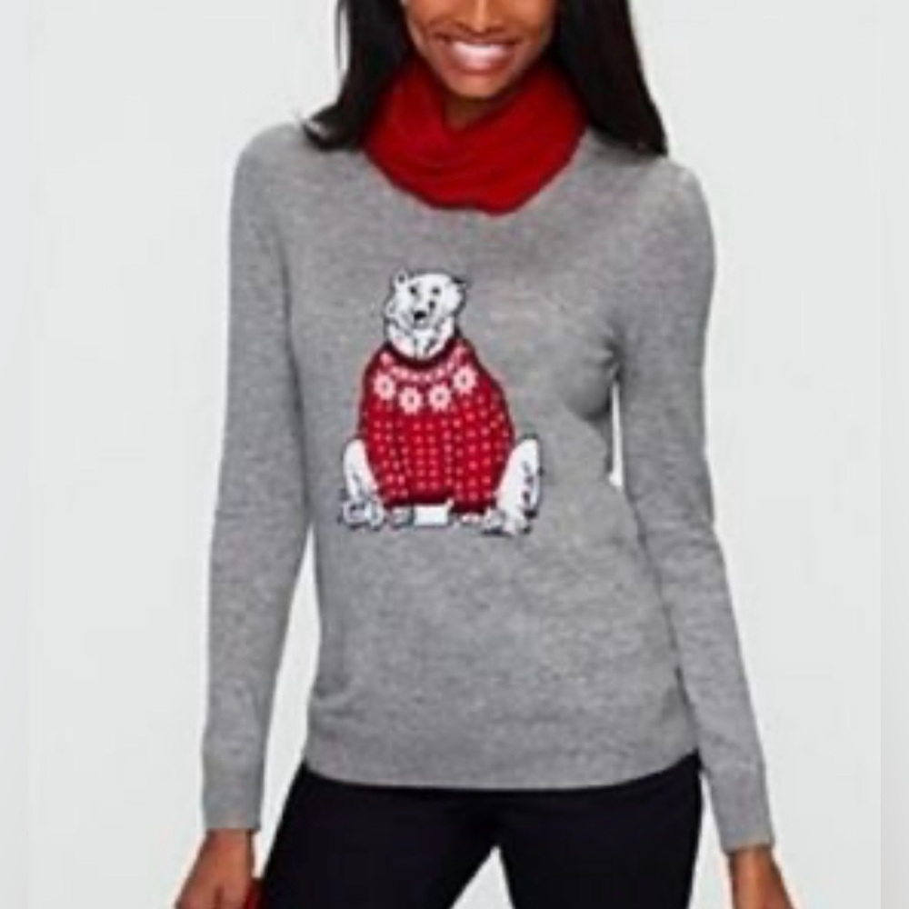 Talbots Polar Bear Sweater Soft Lightweight Cozy Gray Red Lambswool Size Small